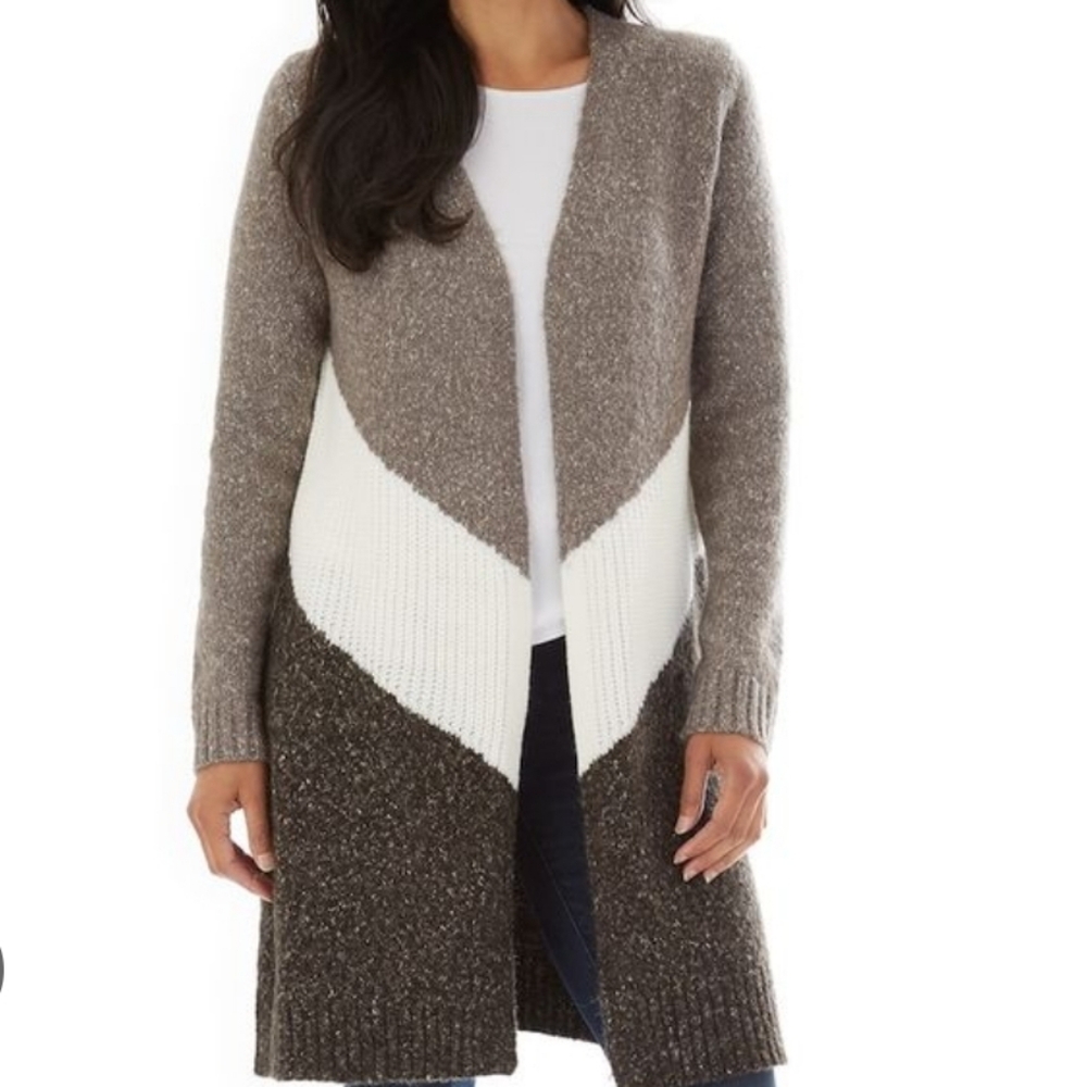 Wool Blend Long Open Cardigan Sweater Womens XS Multicolor Neutrals Earth Tones